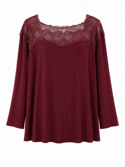 Blusa canesú encaje burdeos de canalé suave y manga larga