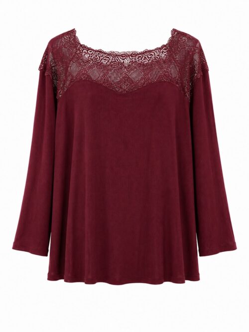 Blusa canesú encaje burdeos de canalé suave y manga larga