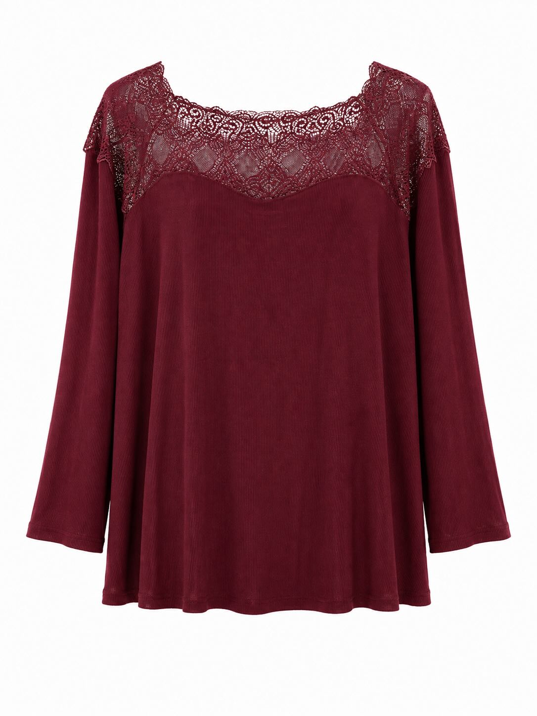 Blusa canesú encaje burdeos de canalé suave y manga larga