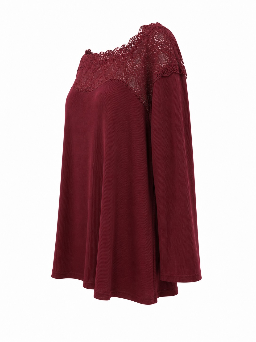 Vista lateral de la blusa canesú encaje burdeos de corte fluido