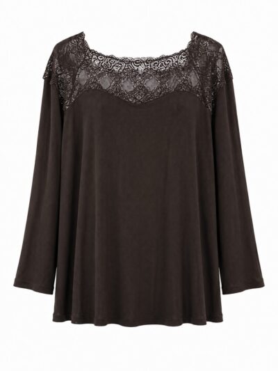 Blusa canesú encaje marrón de canalé suave y manga larga