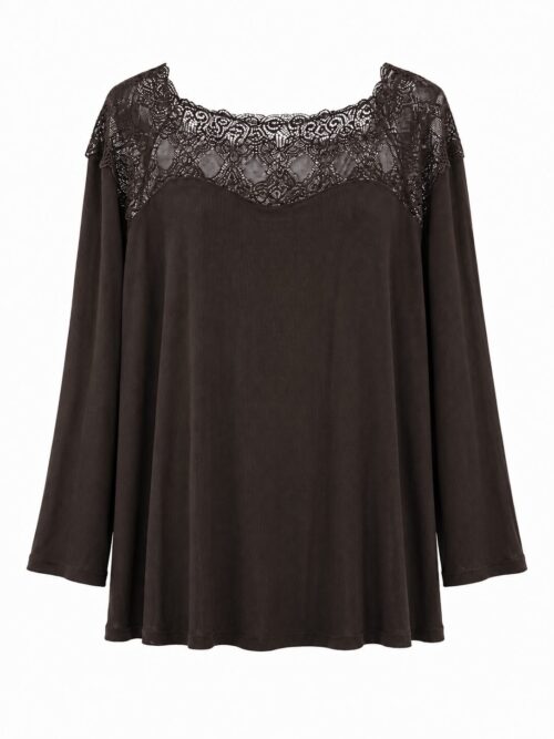 Blusa canesú encaje marrón de canalé suave y manga larga
