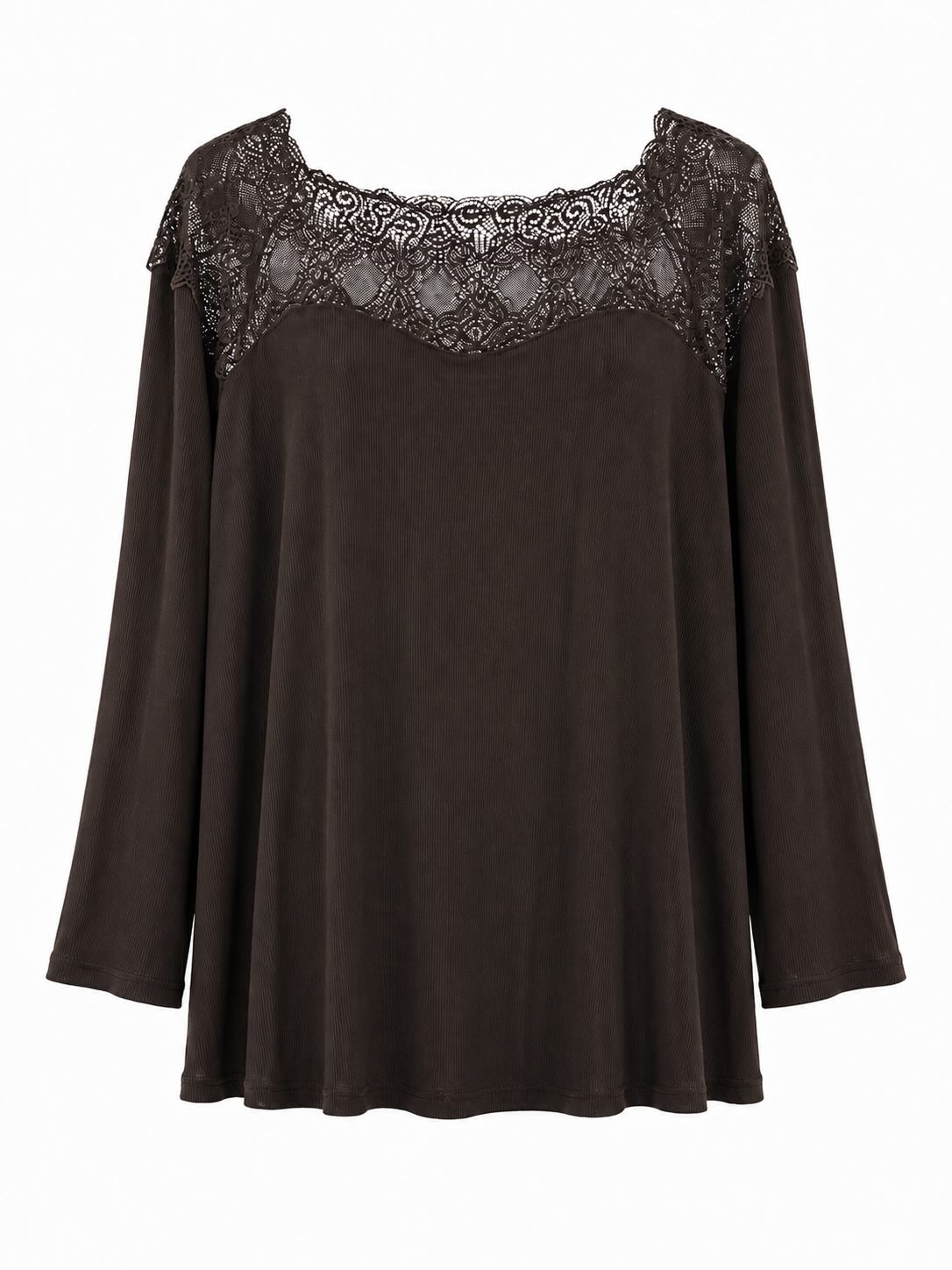 Blusa canesú encaje marrón de canalé suave y manga larga