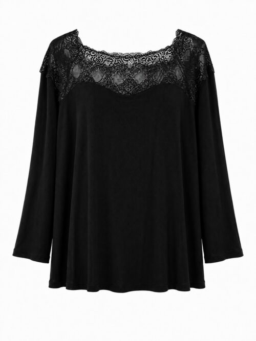 Blusa canesú encaje negro de canalé suave y manga larga