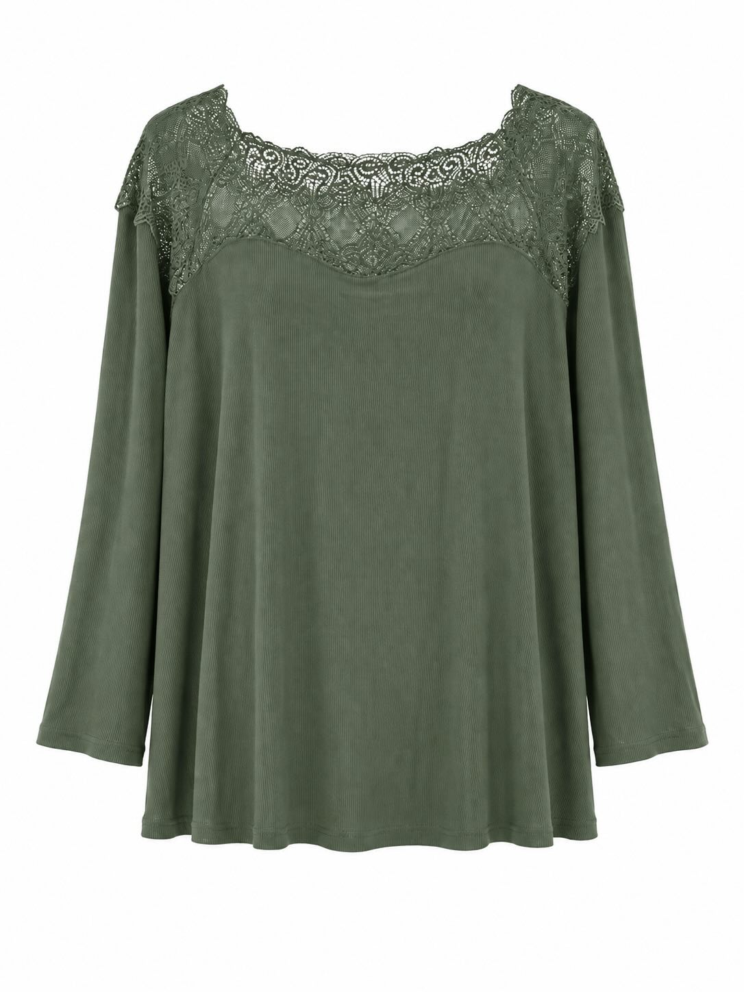 Blusa verde de canalé con canesú de encaje, escote amplio y manga larga