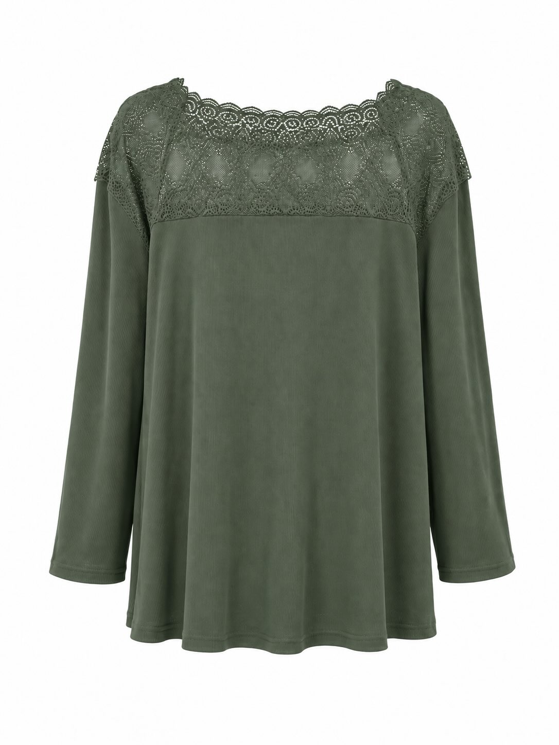 Vista de la espalda de la blusa verde de canalé con canesú de encaje