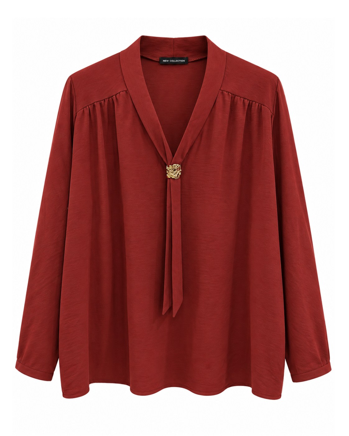 Blusa joya terracota curvy de tejido fluido con escote en V y detalle dorado