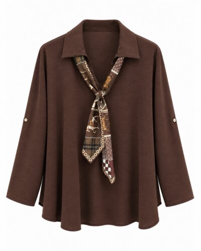 Blusa lazo chocolate mujer con cuello camisero y pañuelo estampado decorativo
