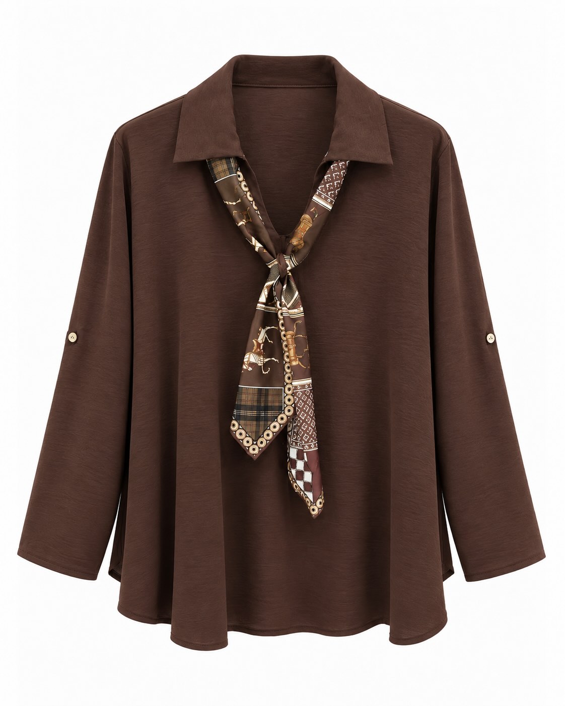 Blusa lazo chocolate mujer con cuello camisero y pañuelo estampado decorativo