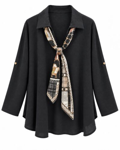 Blusa lazo negra curvy con cuello camisero y pañuelo estampado delantero