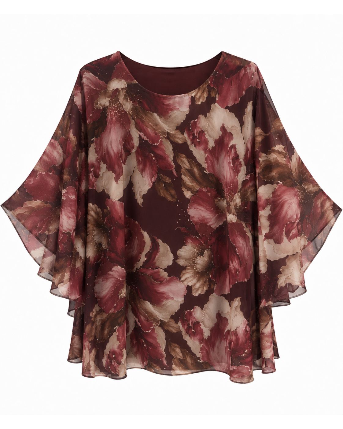 Blusa floral burdeos oversize de mujer curvy con estampado de flores y corte amplio