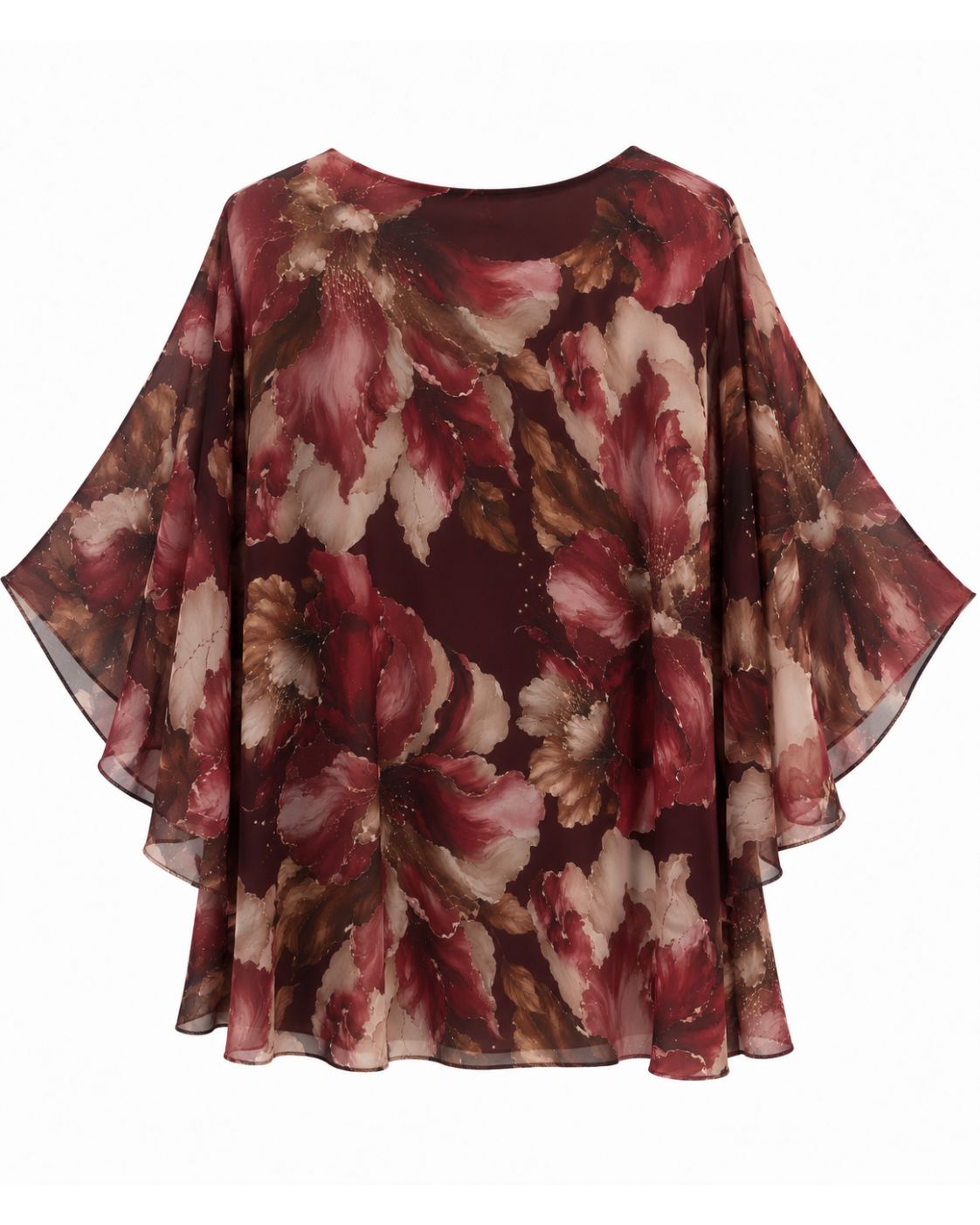 Blusa floral burdeos oversize de mujer curvy con estampado floral y caída amplia vista espalda