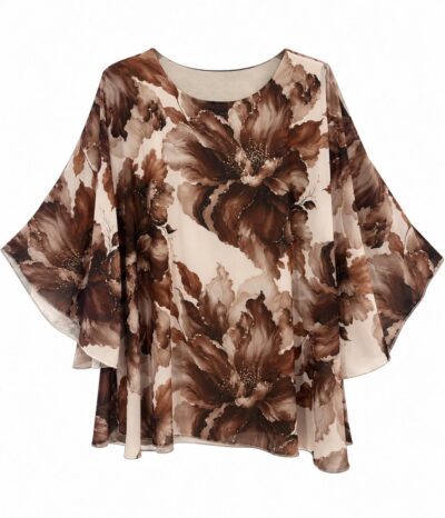 Blusa oversize floral marrón con fondo claro, escote redondo y mangas amplias