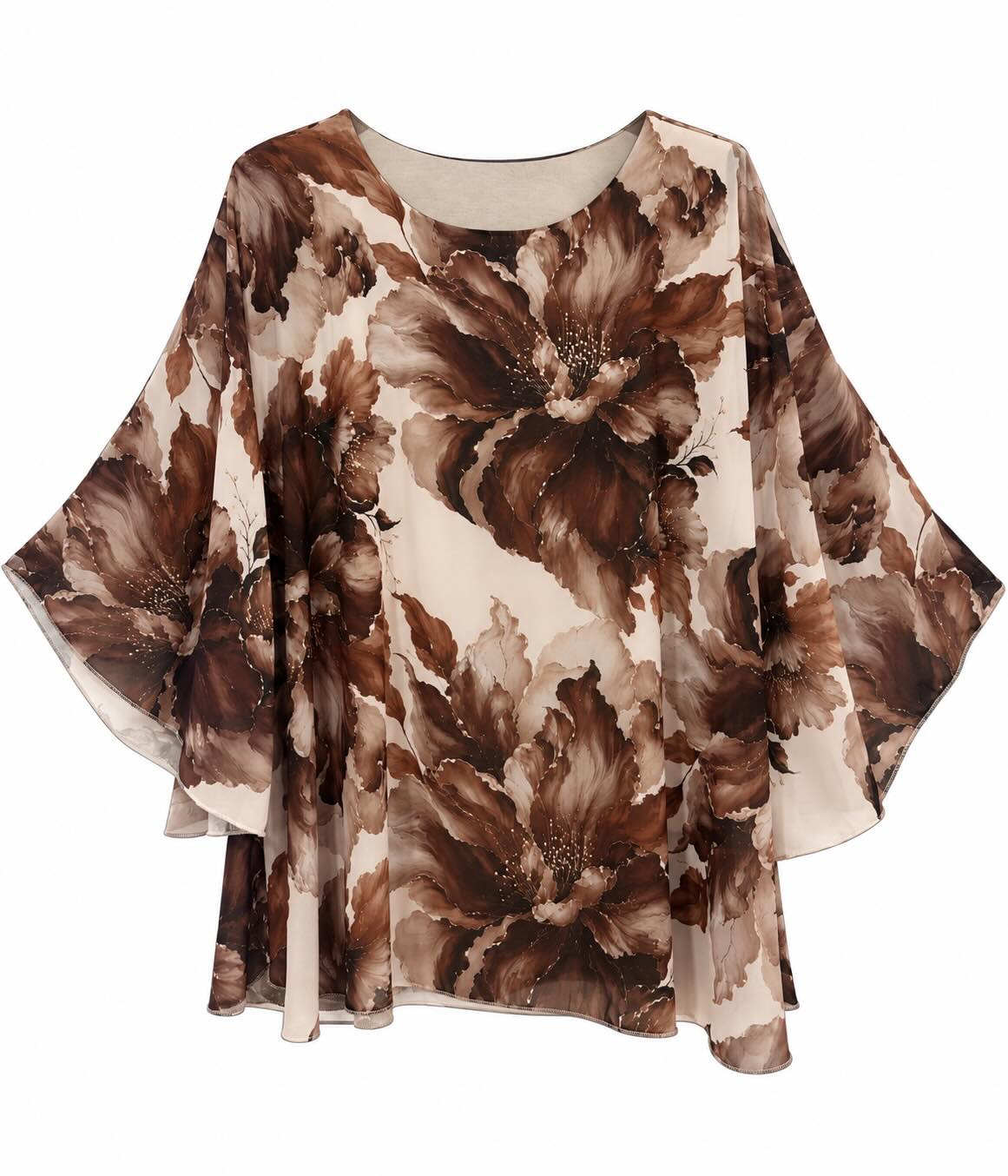 Blusa oversize floral marrón con fondo claro, escote redondo y mangas amplias