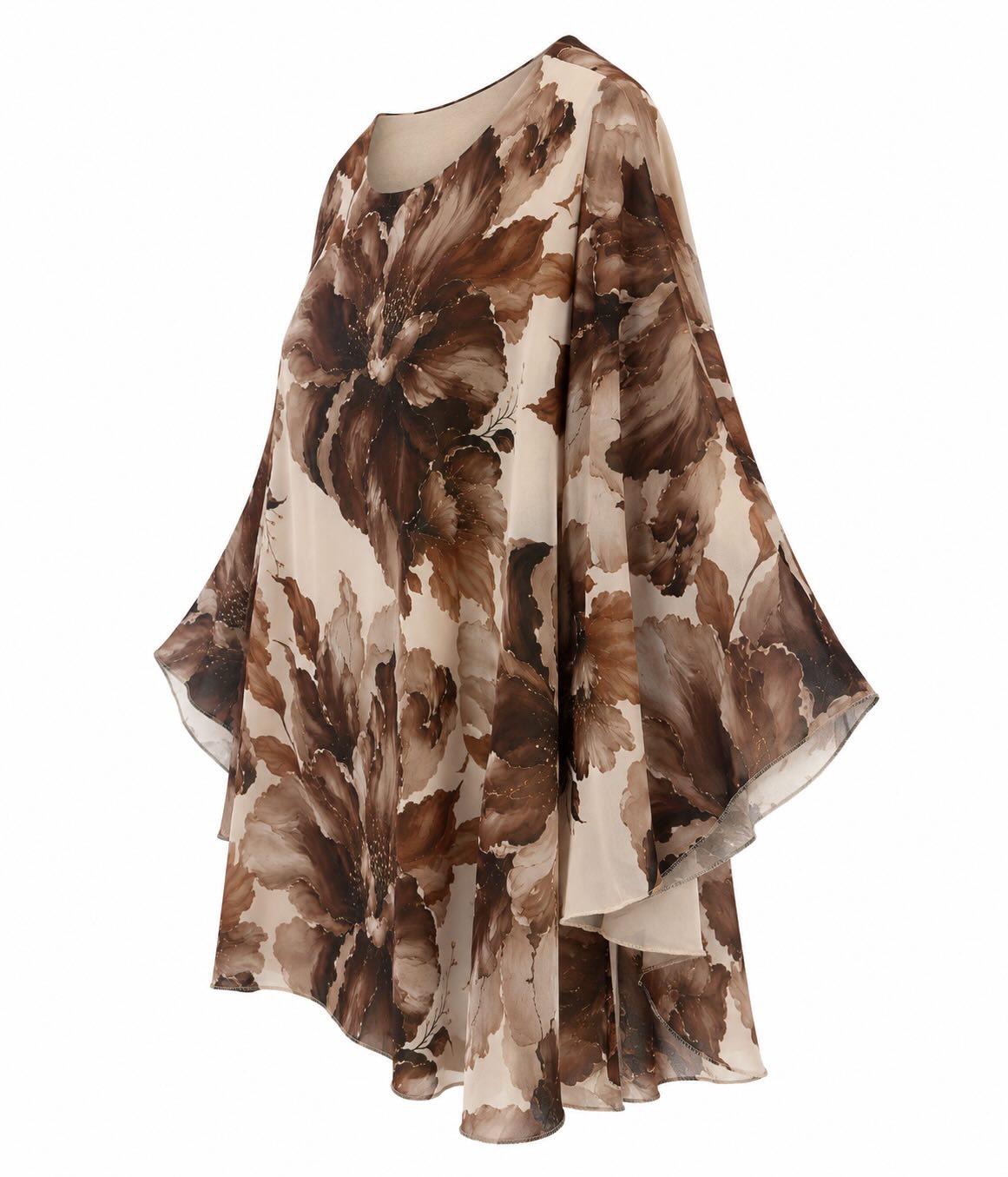 Vista lateral de la blusa oversize floral marrón de caída fluida