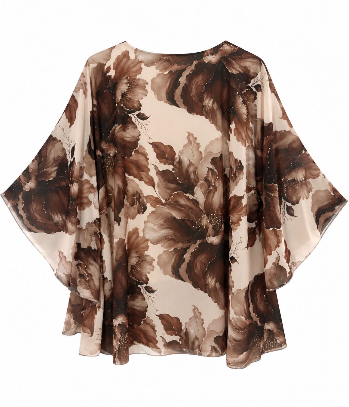 Vista de la espalda de la blusa oversize floral marrón con flores grandes