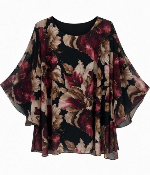 Blusa oversize floral negra con flores burdeos y beige, escote redondo y mangas amplias