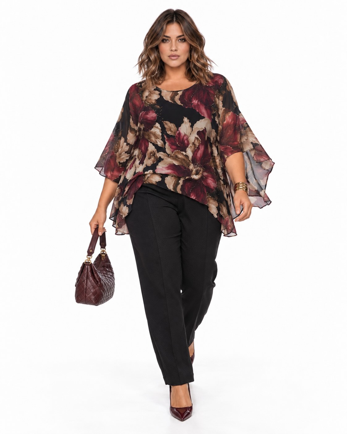 conjunto Blusa oversize floral negra con flores burdeos y beige, escote redondo y mangas amplias