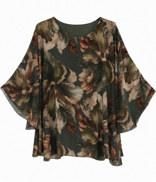 Blusa oversize floral verde con flores en tonos tierra, escote redondo y mangas amplias