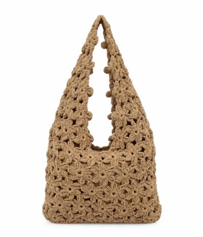 Bolso crochet camel con flores caladas y asa de hombro