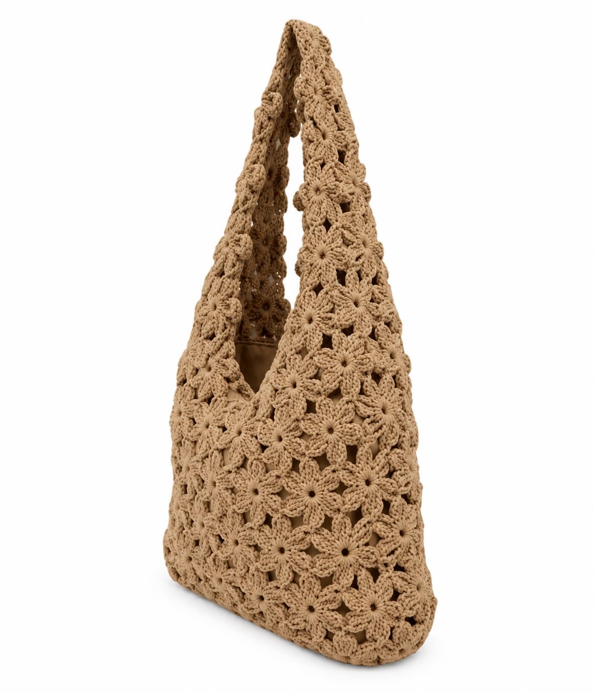 Vista lateral del bolso de hombro crochet flores camel