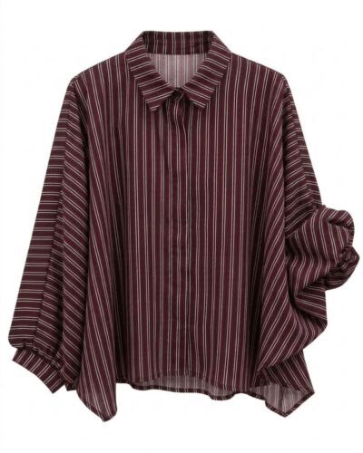 Camisa dolman rayas burdeos curvy con cuello camisero y mangas anchas regulables