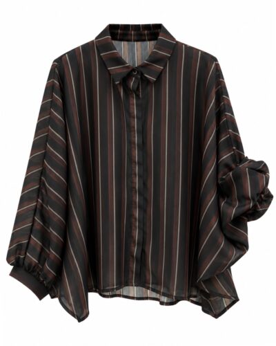 Camisa dolman rayas negro chocolate curvy con manga ancha regulable y cuello camisero