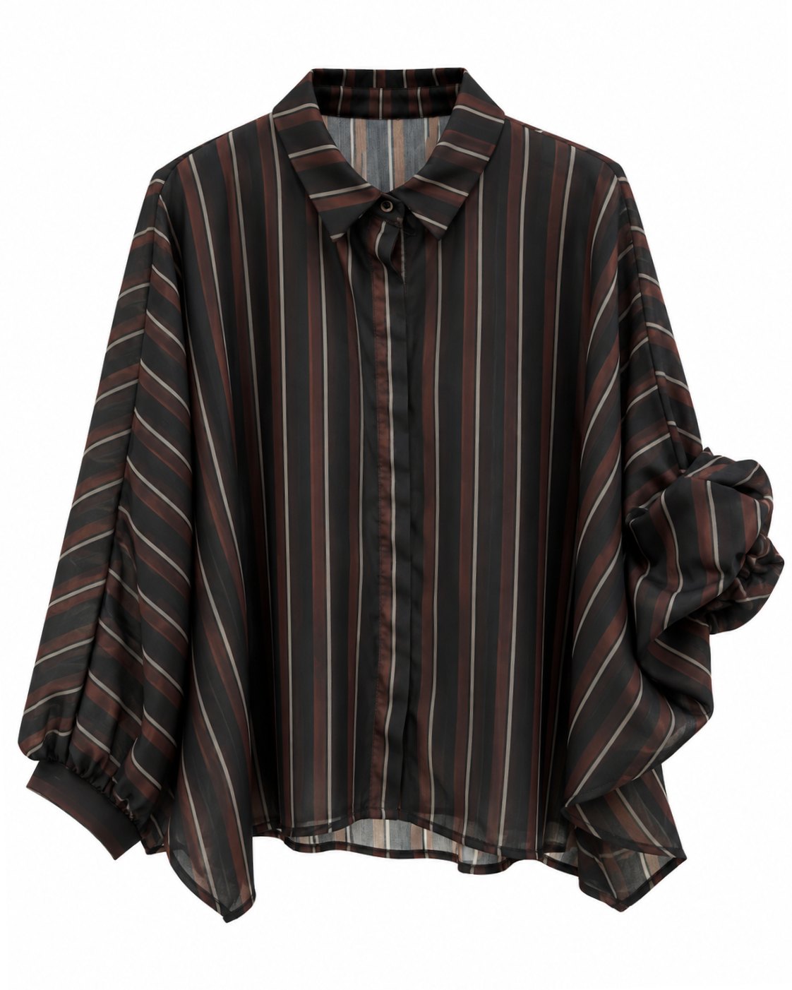 Camisa dolman rayas negro chocolate curvy con manga ancha regulable y cuello camisero