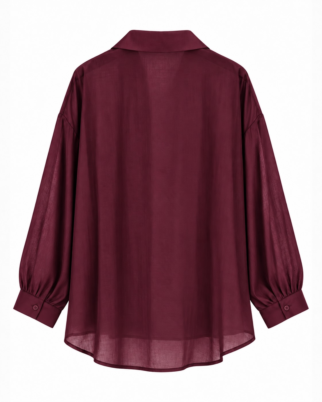 Camisa efecto seda burdeos con cuello camisero, bolsillo delantero y bajo fruncido