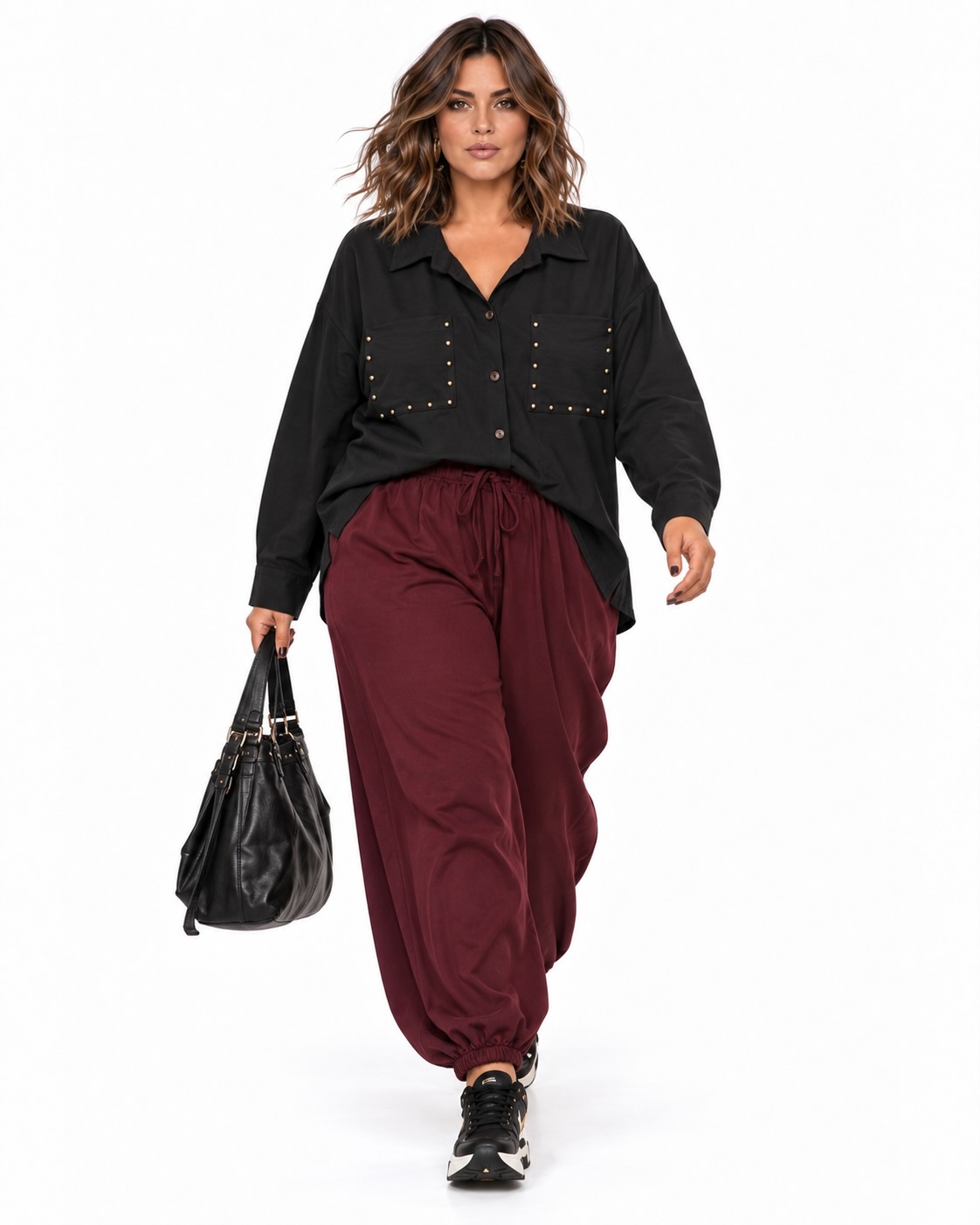 Look completo Pantalón jogger burdeos con cintura elástica, cordón ajustable y bajos elásticos
