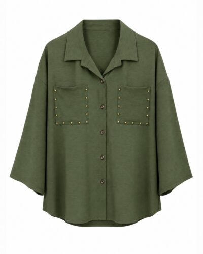 Camisa tachuelas Vera kaki con bolsillos delanteros, cuello camisero y cierre de botones