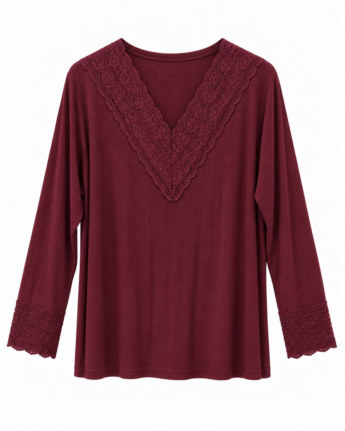 Camiseta encaje burdeos con escote pico de encaje y puños de encaje