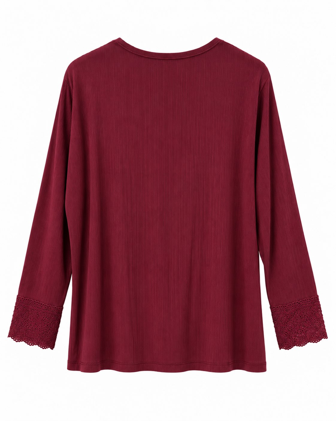 Camiseta encaje burdeos vista de espalda con manga larga y puños de encaje