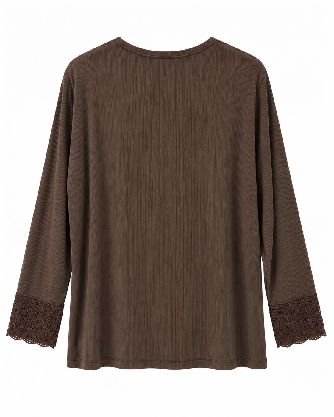 Camiseta encaje chocolate vista de espalda con tejido canalé, manga larga y acabado de encaje en los puños