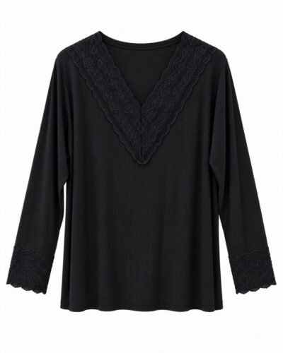 Camiseta encaje negra con escote en V de encaje floral, tejido canalé y manga larga con puños de encaje