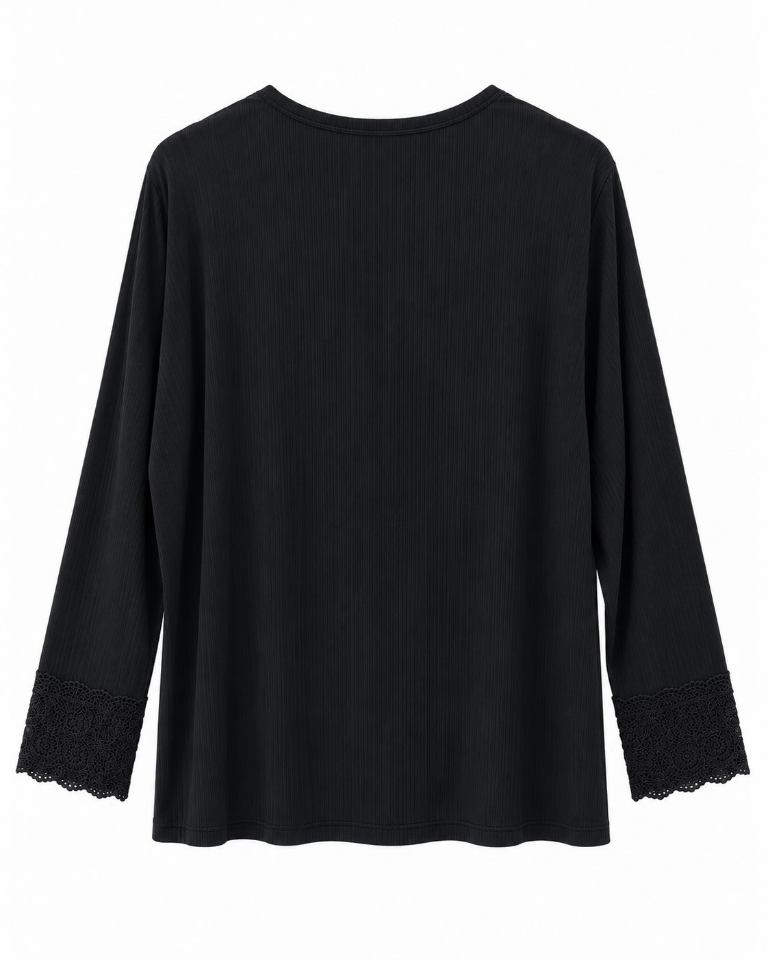 Camiseta encaje negra vista de espalda con tejido canalé, manga larga y delicado encaje en los puños
