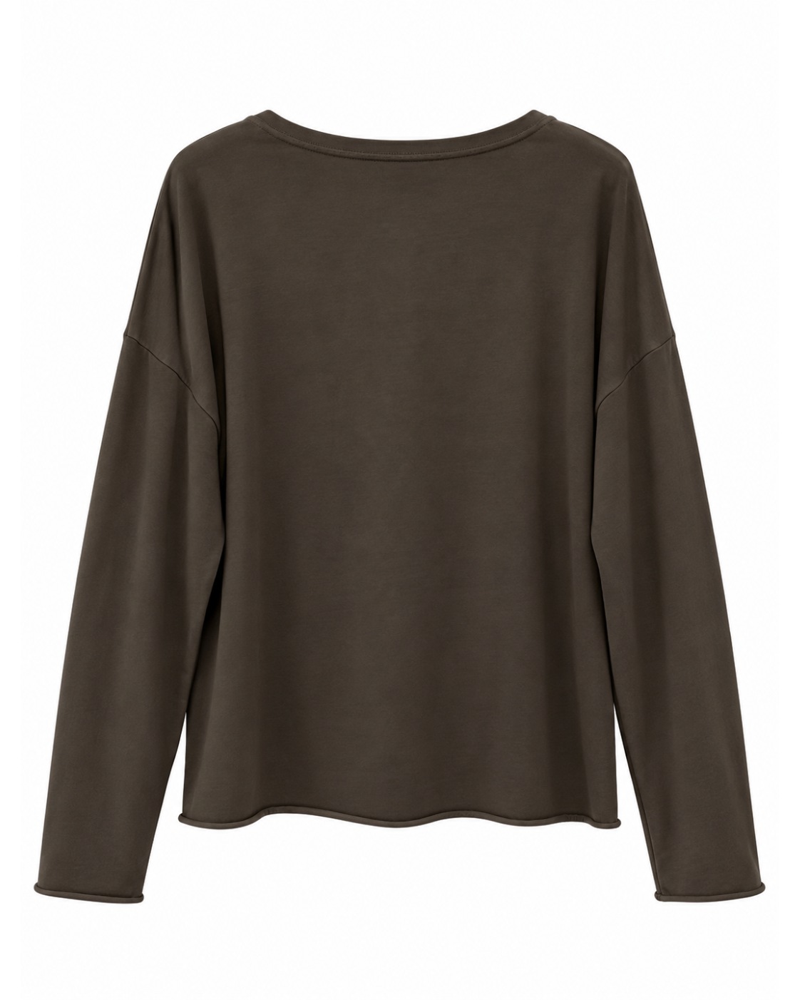 Camiseta estrella tachuelas chocolate para mujer curvy vista de espalda, manga larga y diseño liso