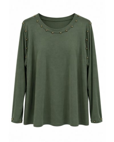 Camiseta Military Chic kaki de mujer curvy con manga larga y detalles de tachuelas doradas
