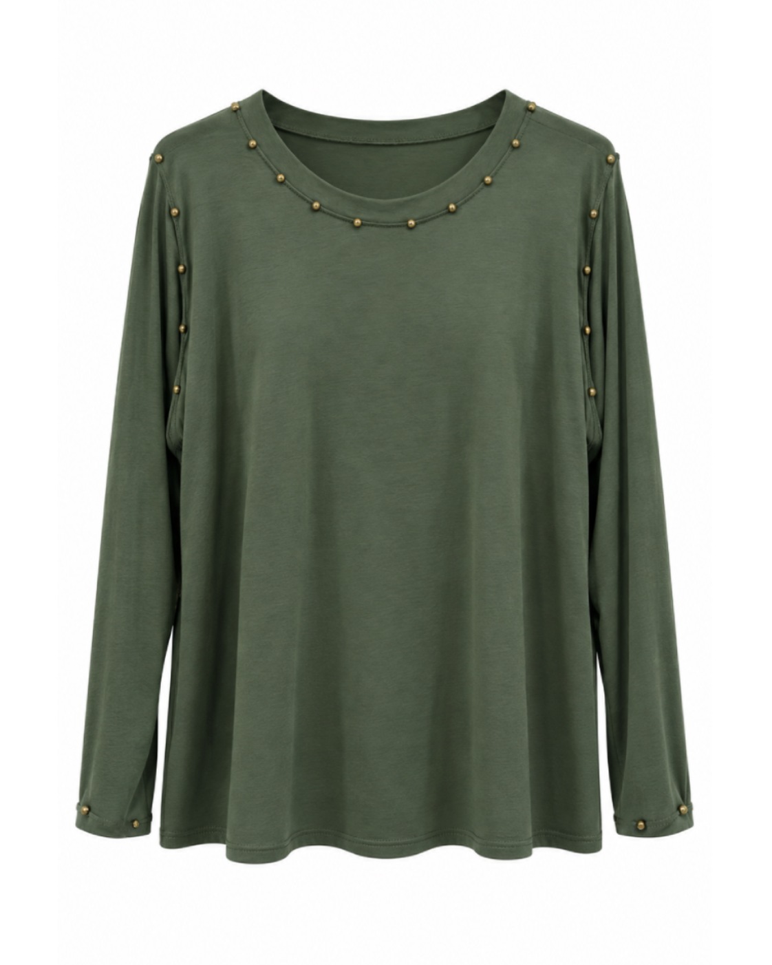 Camiseta Military Chic kaki de mujer curvy con manga larga y detalles de tachuelas doradas