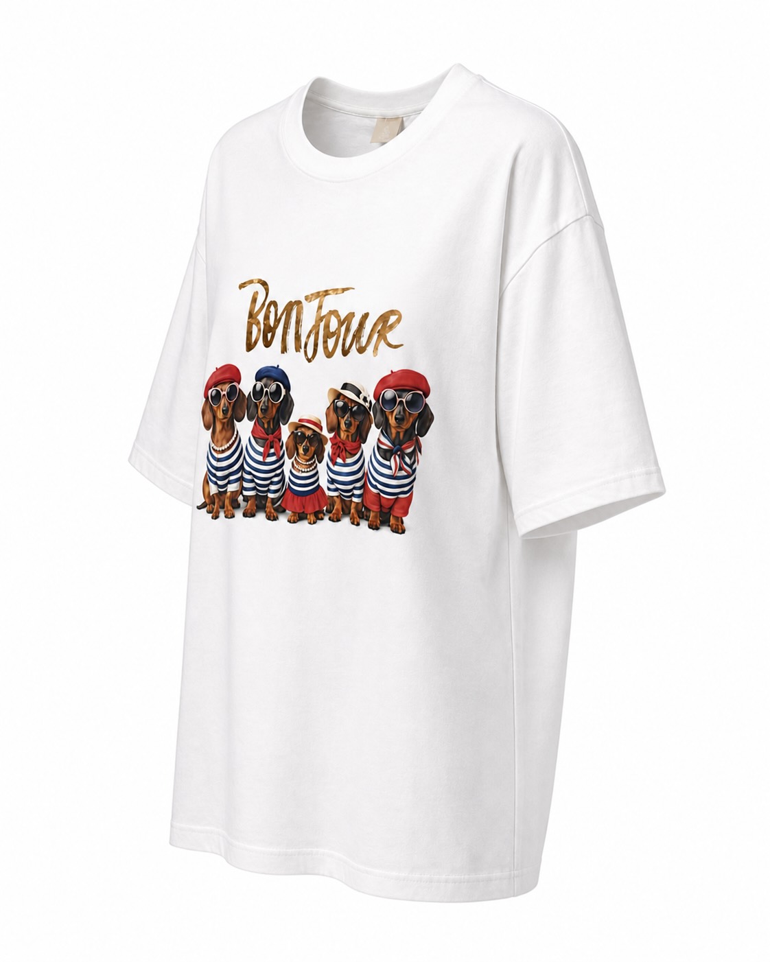 Lateral camiseta oversize perritos Bonjour blanca con estampado parisino