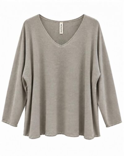 Camiseta relieve beige para mujer con cuello pico y manga larga