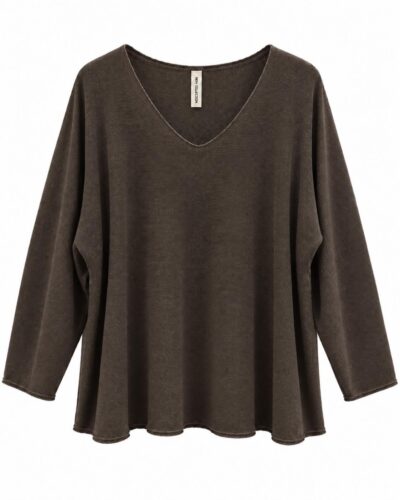 Camiseta relieve chocolate manga larga con escote pico y corte amplio