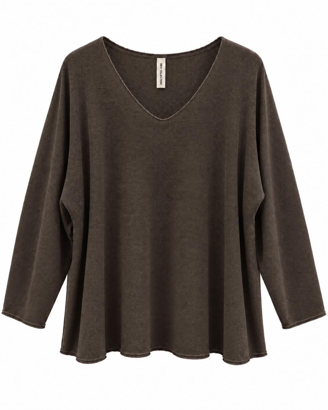 Camiseta relieve chocolate manga larga con escote pico y corte amplio