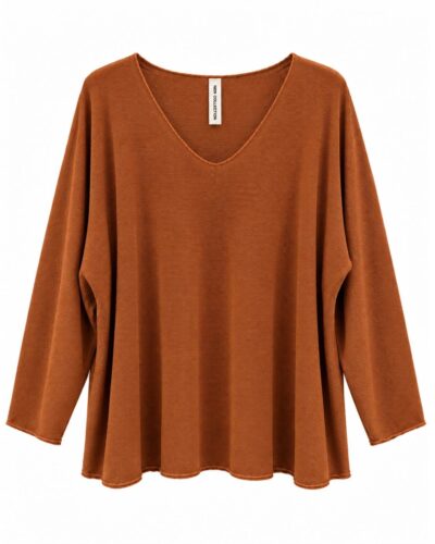 Camiseta relieve terracota para mujer con escote en pico y manga larga