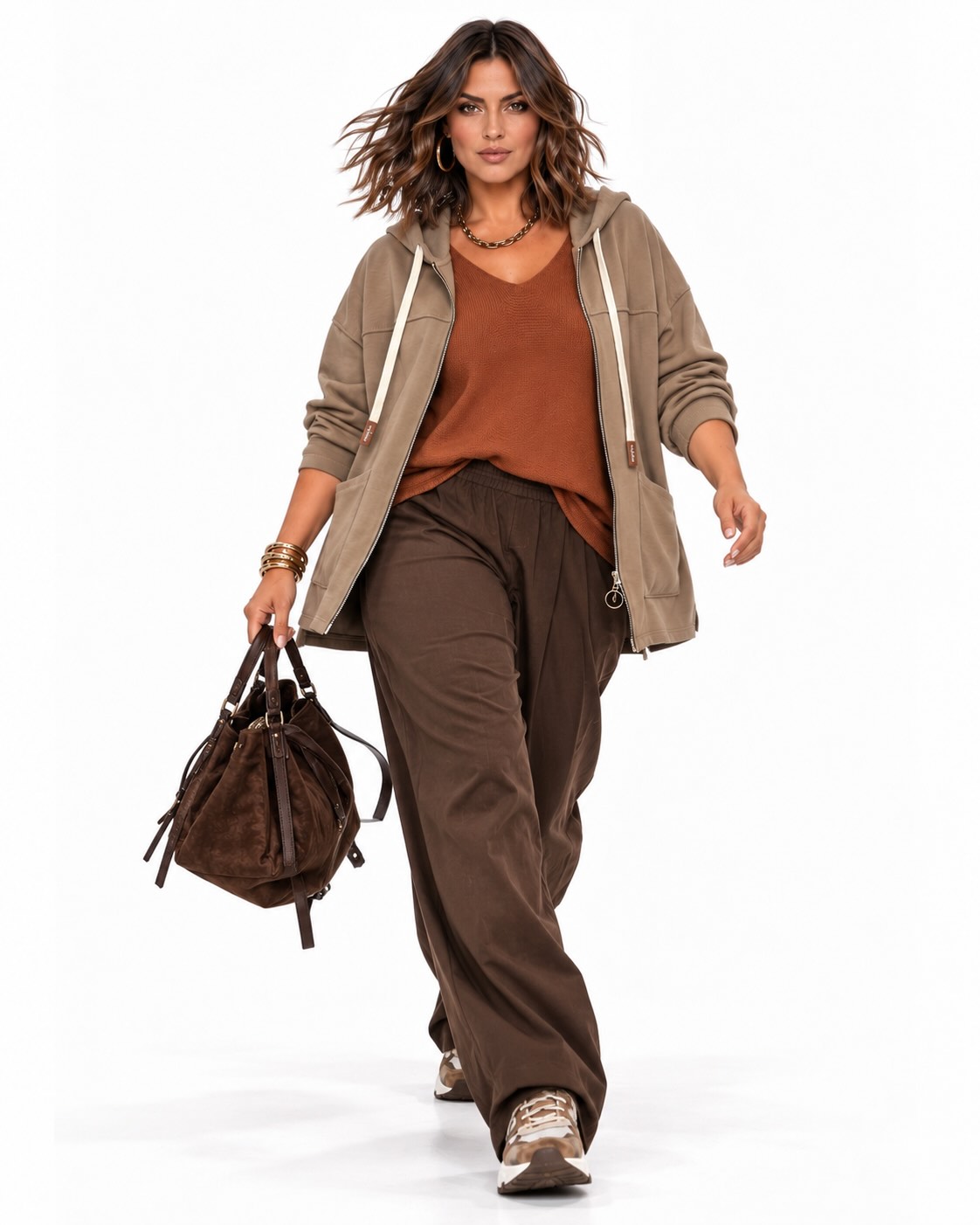 Look completo Pantalón jogger Relax chocolate de mujer en neopreno suave con cintura elástica, bolsillos laterales, pliegues delanteros y pernera recta