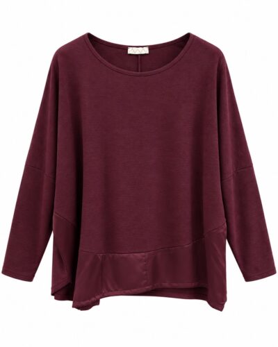 Camiseta Satin burdeos curvy con manga larga y detalle satinado en el bajo delantero
