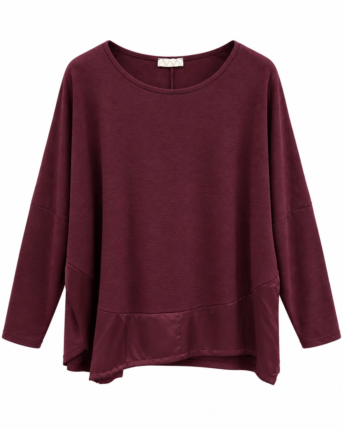 Camiseta Satin burdeos curvy con manga larga y detalle satinado en el bajo delantero