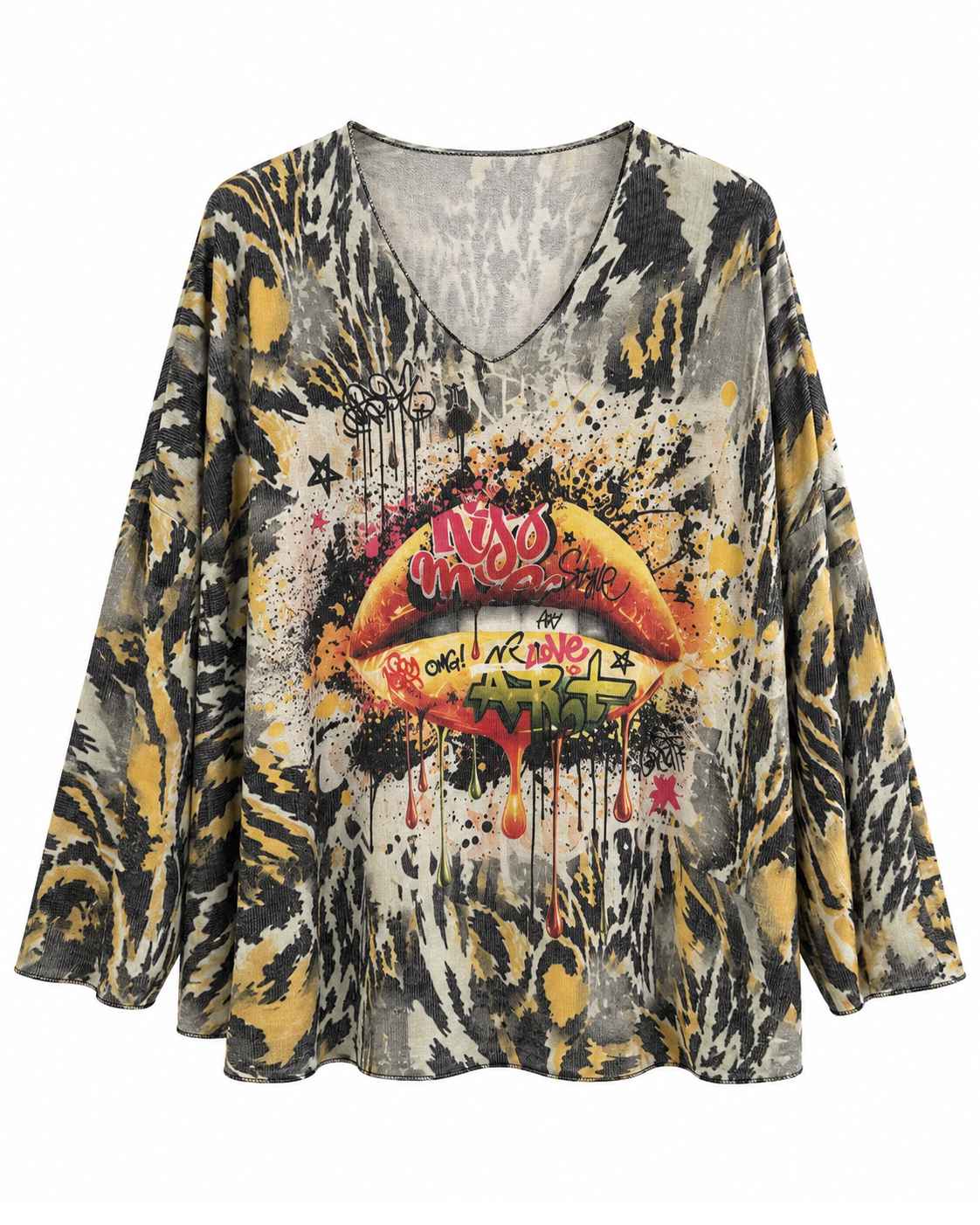 Camiseta Street Art de mujer curvy con estampado animal y labios efecto graffiti