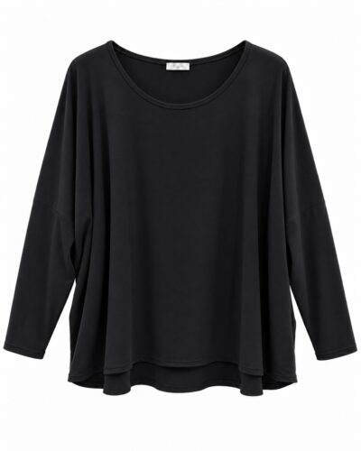Camiseta Zen negra curvy de manga larga con escote redondo y corte fluido