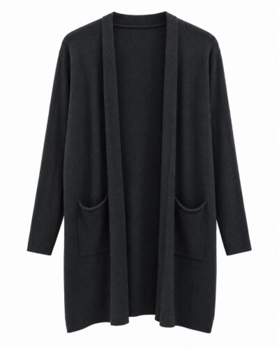 Cardigan Cozy negro curvy largo abierto con bolsillos delanteros